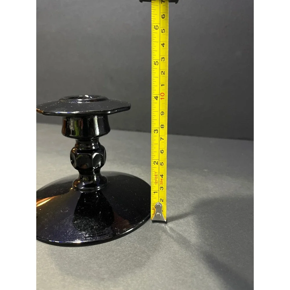 Vintage Amethyst Black Glass Footed Nut Bowl and Candlestick Holder Set